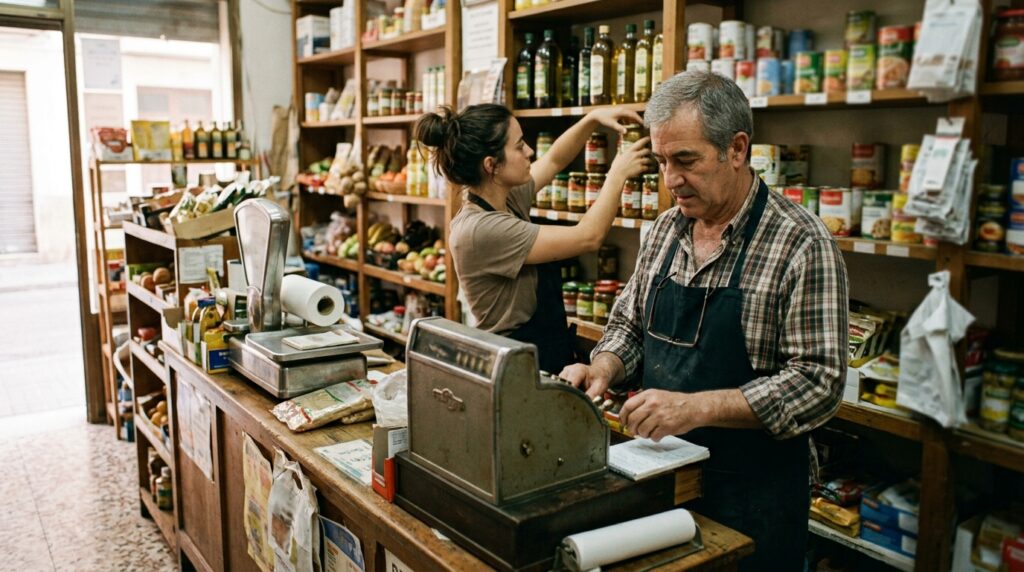 Padre e hija trabajando juntos en el negocio familiar, una situación típica del autónomo colaborador