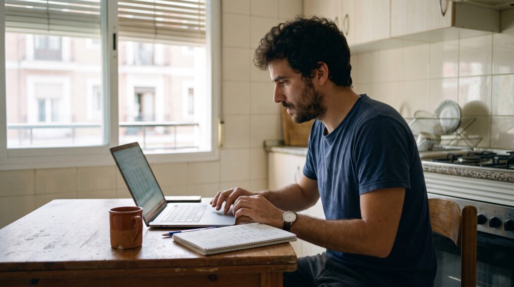 Autónomo preparando una factura en el portátil desde su mesa de trabajo