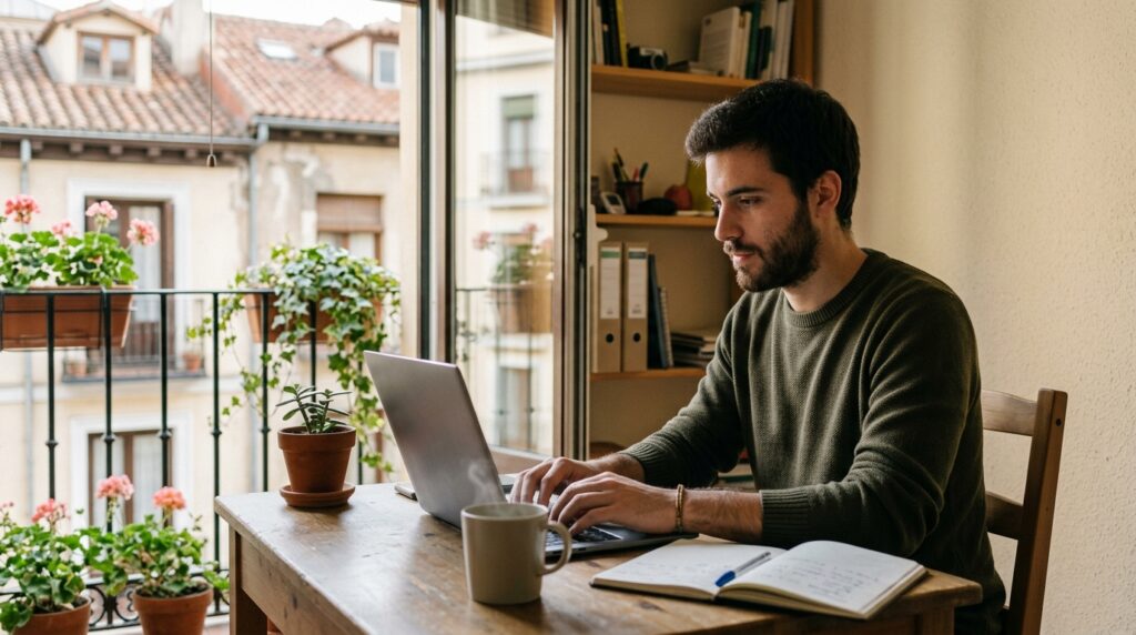 Chico joven trabajando en su escritorio en casa el primer día después de darse de alta de autónomo