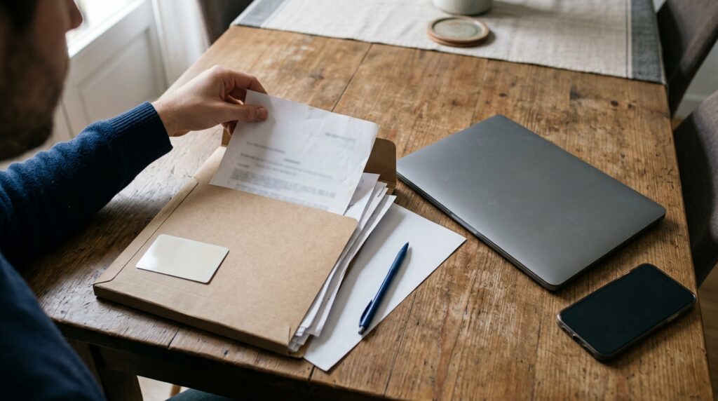 Mesa con DNI, carpeta y portátil: los documentos necesarios para darte de alta como autónomo