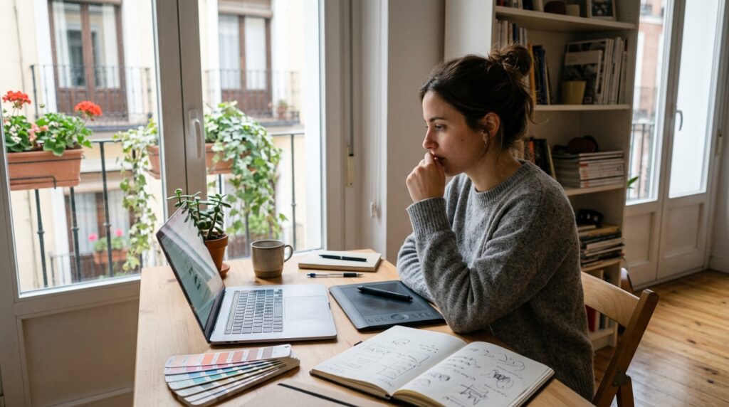 Diseñadora freelance pensando en su mesa de trabajo antes de elegir el epígrafe IAE de su actividad