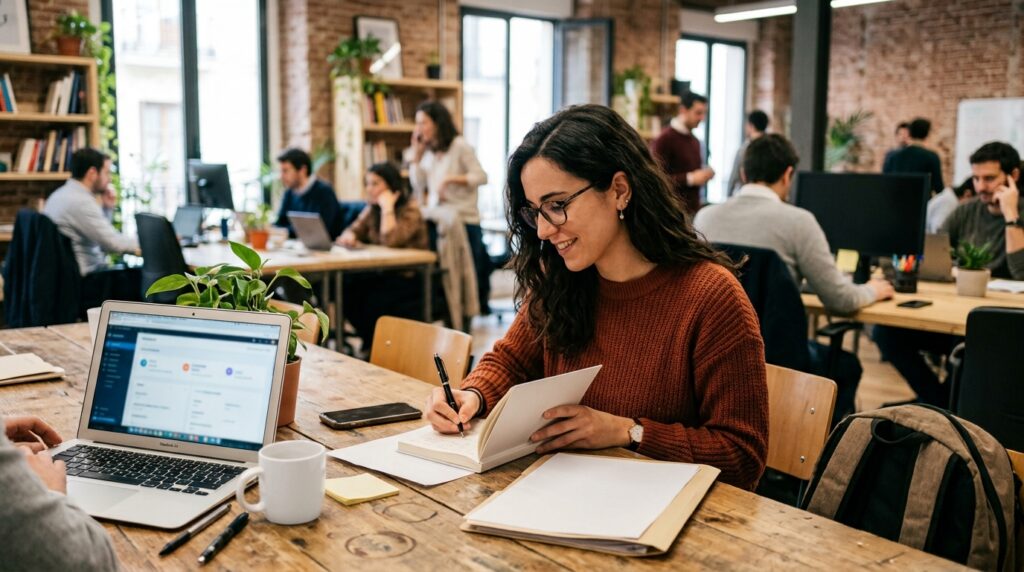 Chica joven tomando notas en un coworking durante su primer año con la tarifa plana de autónomos