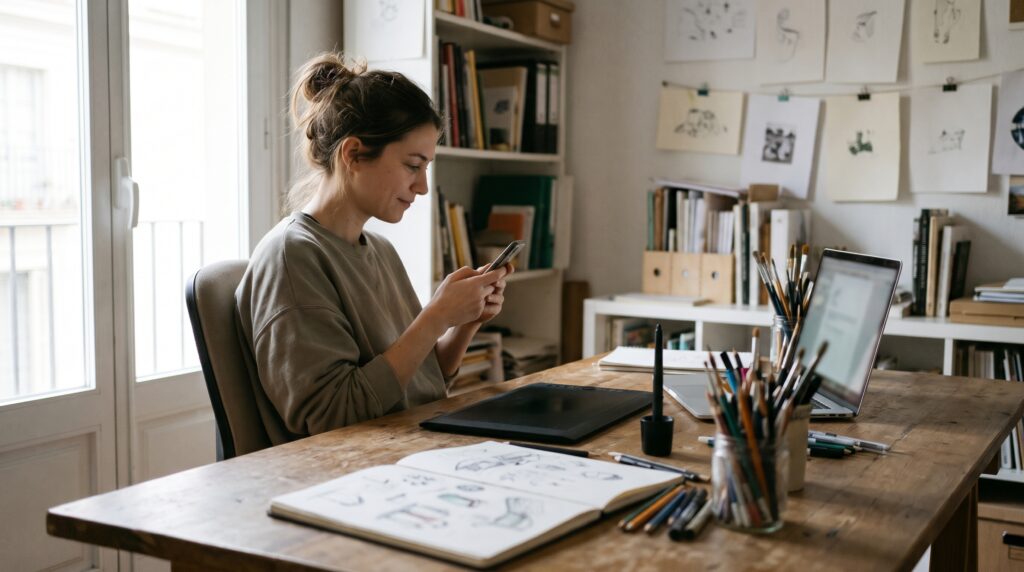 Ilustradora revisando en el móvil el cobro de un cliente internacional en su estudio