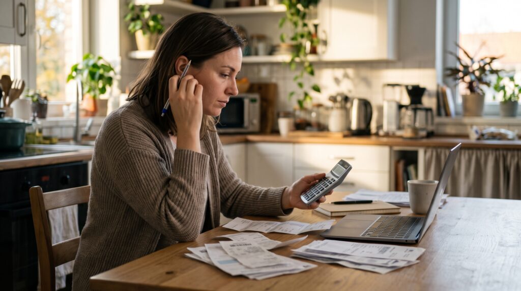 Autónoma calculando el modelo 130 con una calculadora y facturas en la mesa de casa